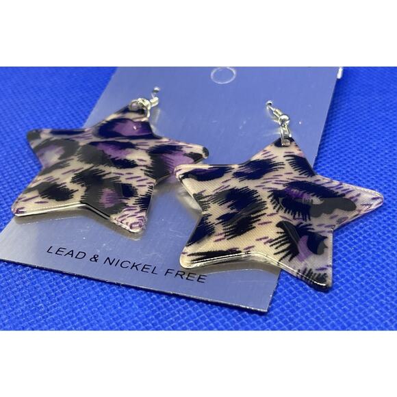 Silver Tone Cheetah Print Star Earrings Chic Style Fashion Trendy Animal Print - Picture 2 of 7